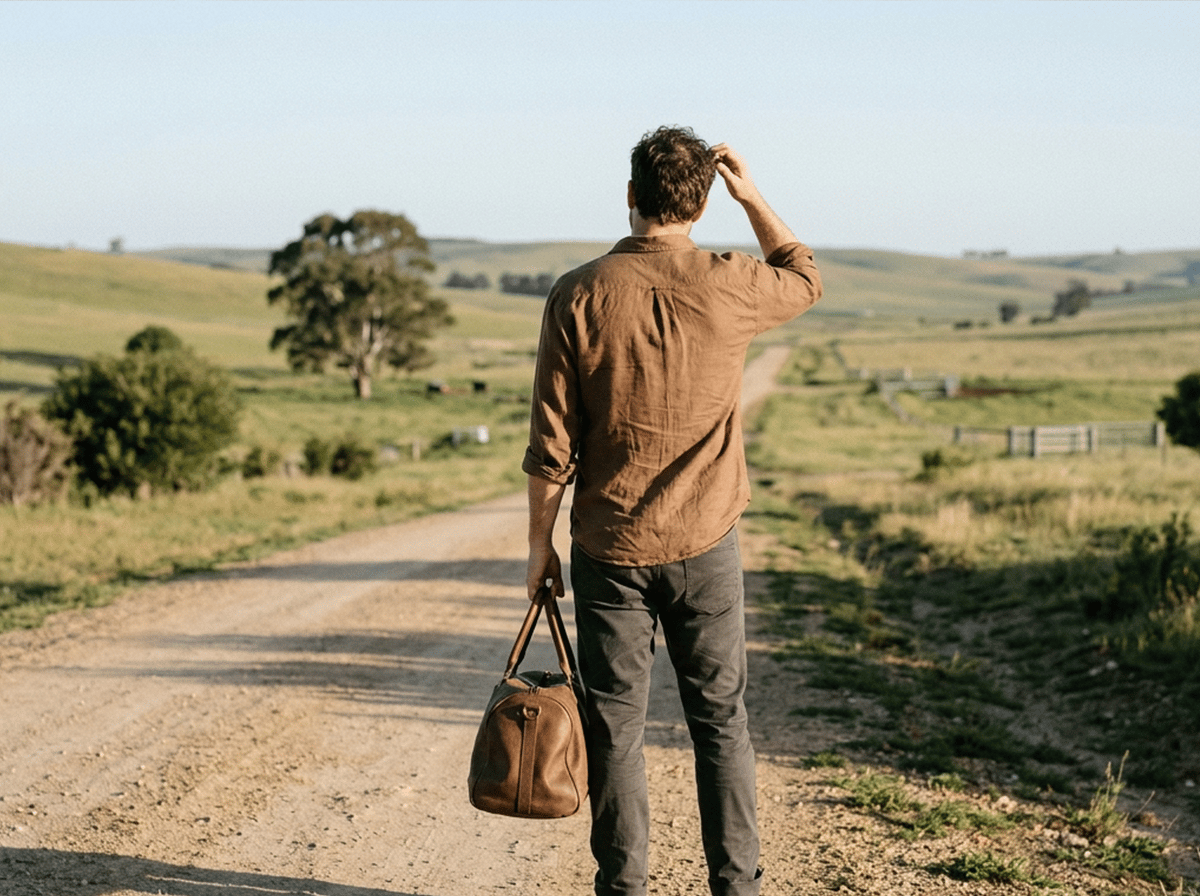 A man with dark hair, wearing a brown button-down shirt and grey trousers, stands on a dirt country road with his back to the camera, holding a leather duffel bag and looking out at open green fields.