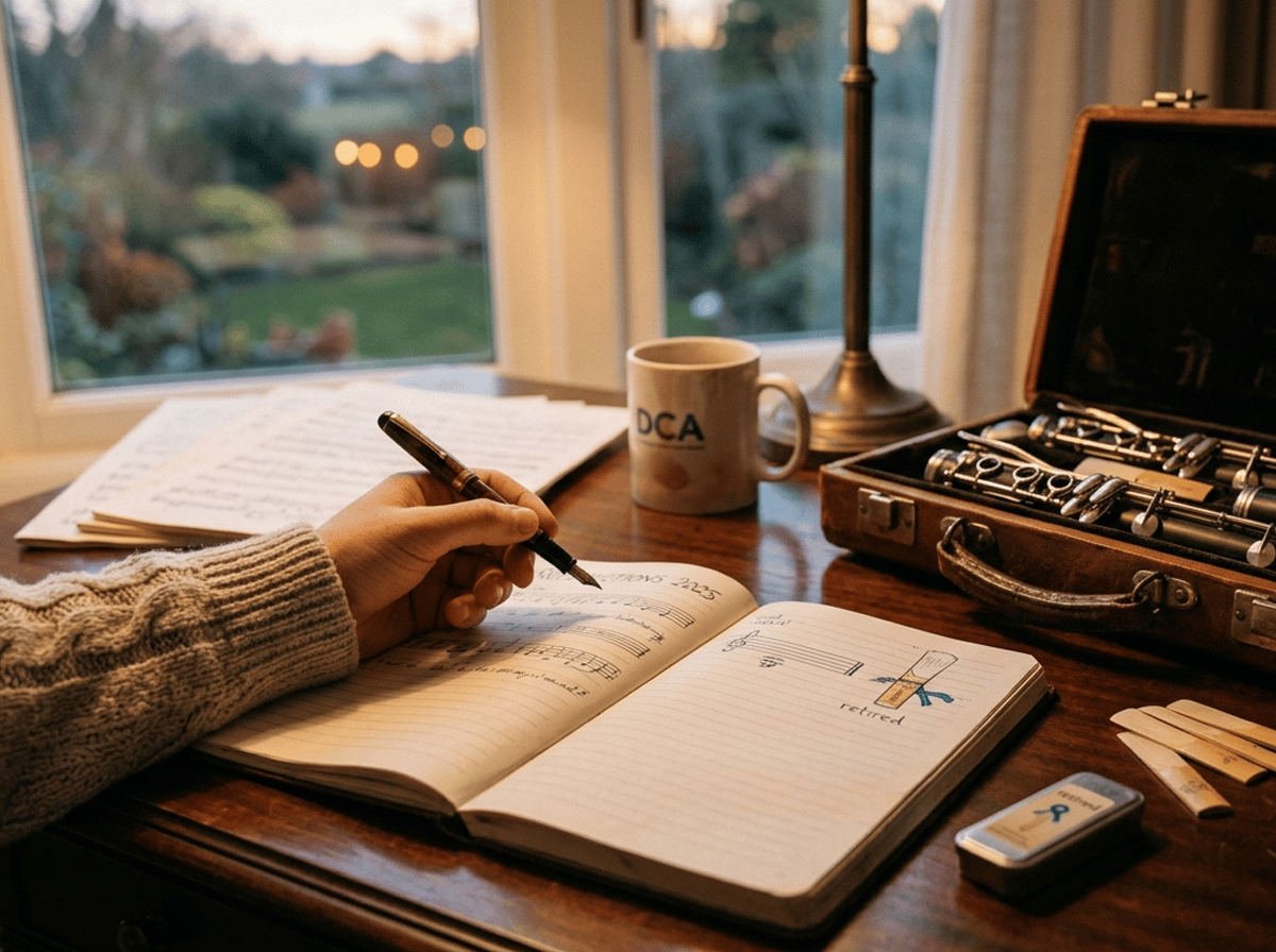 A close-up view of a musician's desk where a person in a knit sweater writes in a journal next to an open vintage clarinet case, scattered reeds, and a warm mug by a window looking out at a garden.