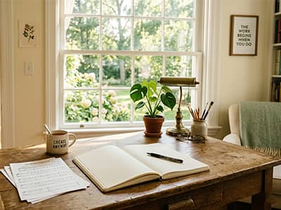 A peaceful creative workspace with soft sunlight and an open notebook, symbolizing creativity, self-expression, and the idea that permission is not needed to begin.