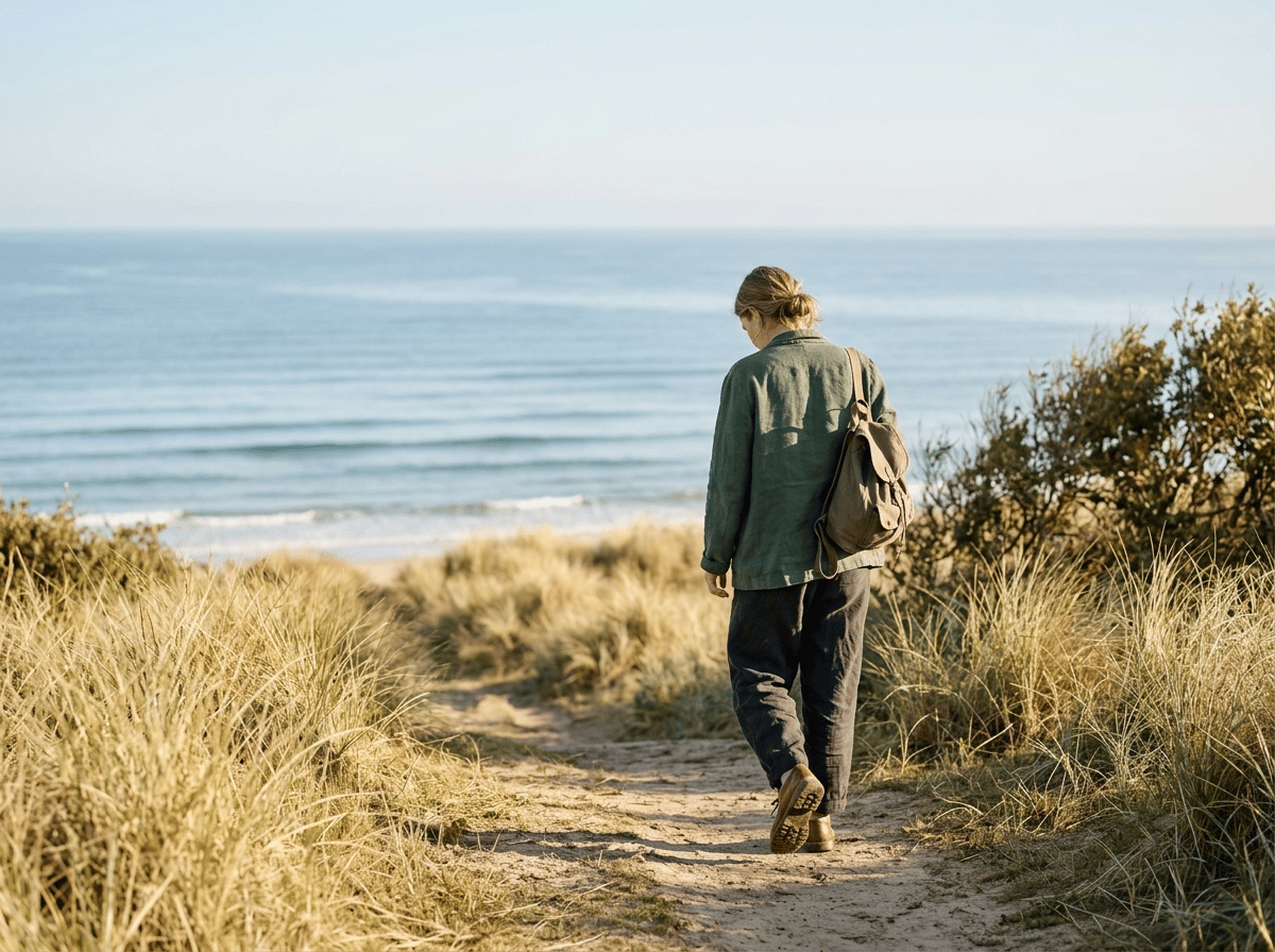 A woman in a green linen shirt and a canvas backpack walks away along a sandy beach path towards a vast, blue ocean on a clear day.