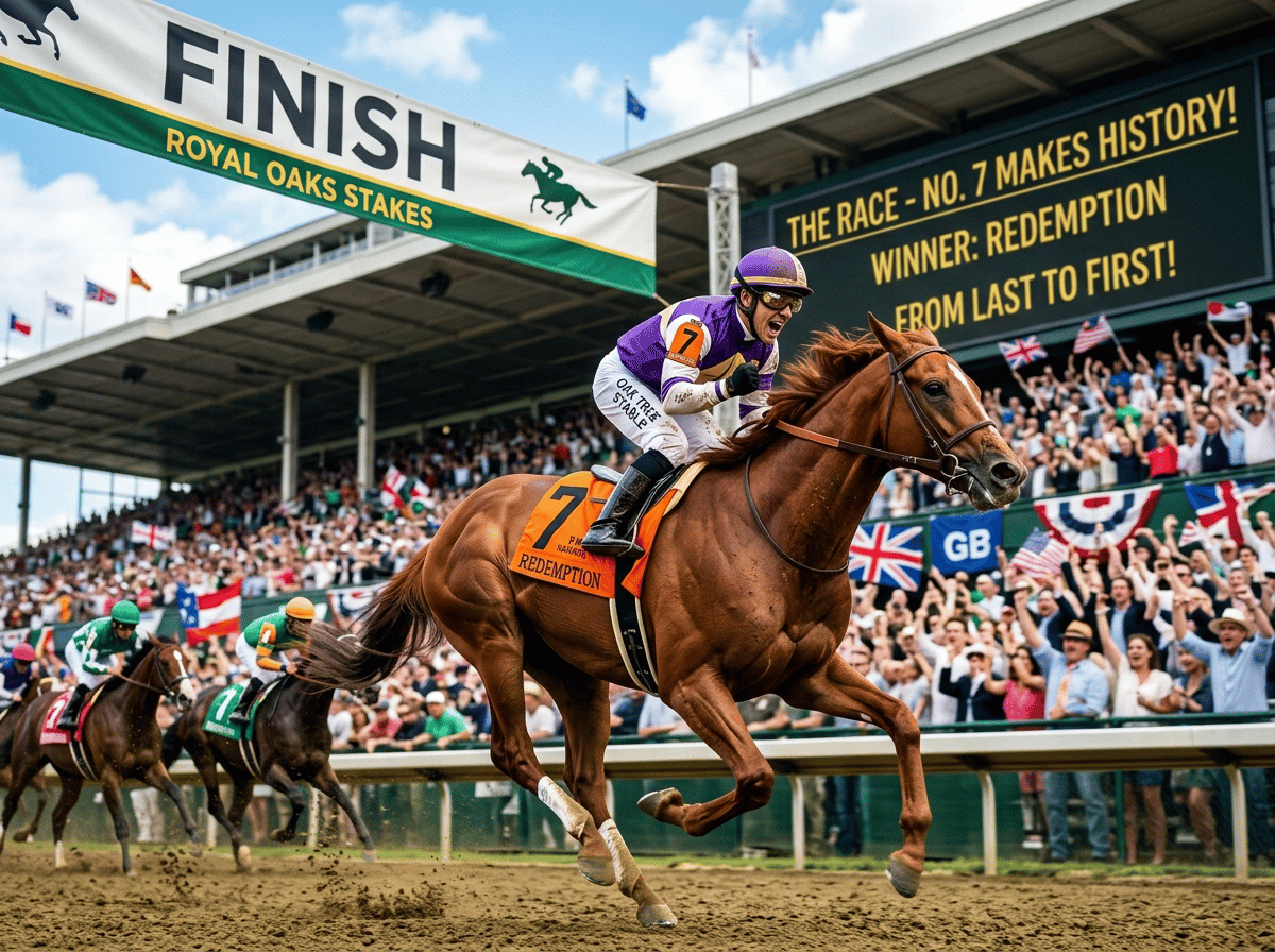 A powerful chestnut racehorse named "Redemption" wearing number 7 crosses the finish line in first place, its jockey celebrating wildly. In the background, other horses lag behind as a massive, roaring crowd cheers beneath a large stadium scoreboard that 