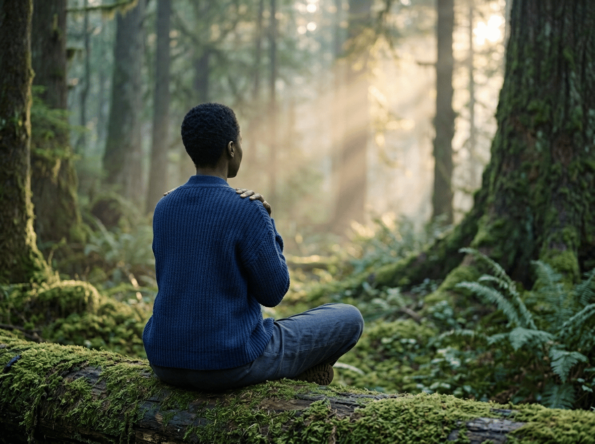 A person with short hair wearing a blue knit sweater sits cross-legged on a mossy log in a lush forest, doing a butterfly hug tap while morning sunlight filters through the trees.