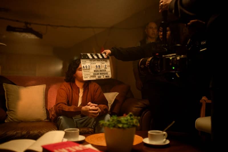 A film crew is preparing to shoot a scene.