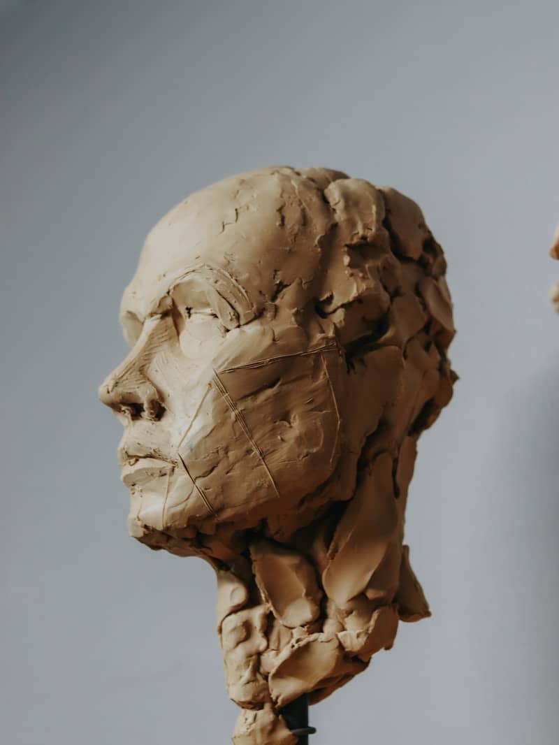 A clay bust depicts a person's profile.