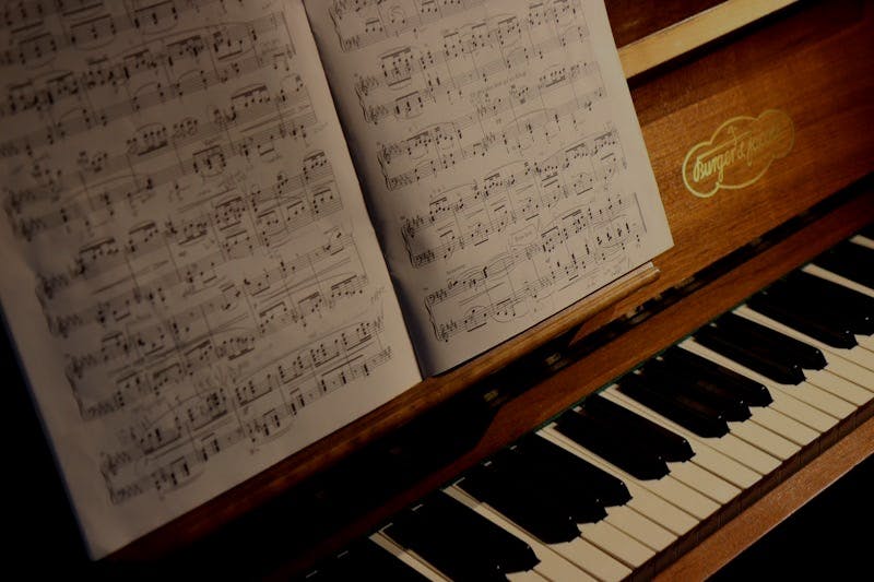 Sheet music and piano