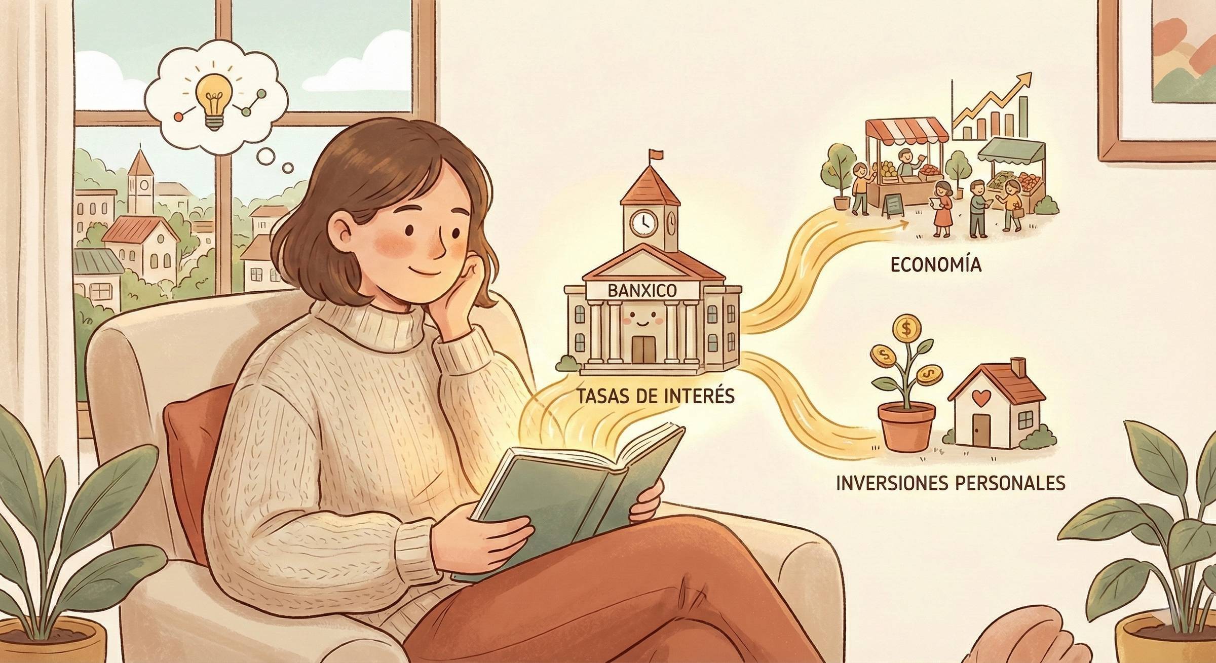 La imagen muestra una ilustración estilo acuarela de una joven sentada en un sillón leyendo un libro, mientras visualiza conceptos financieros: el edificio de Banxico con "Tasas de Interés", una escena de mercado etiquetada "Economía", y una planta con mo