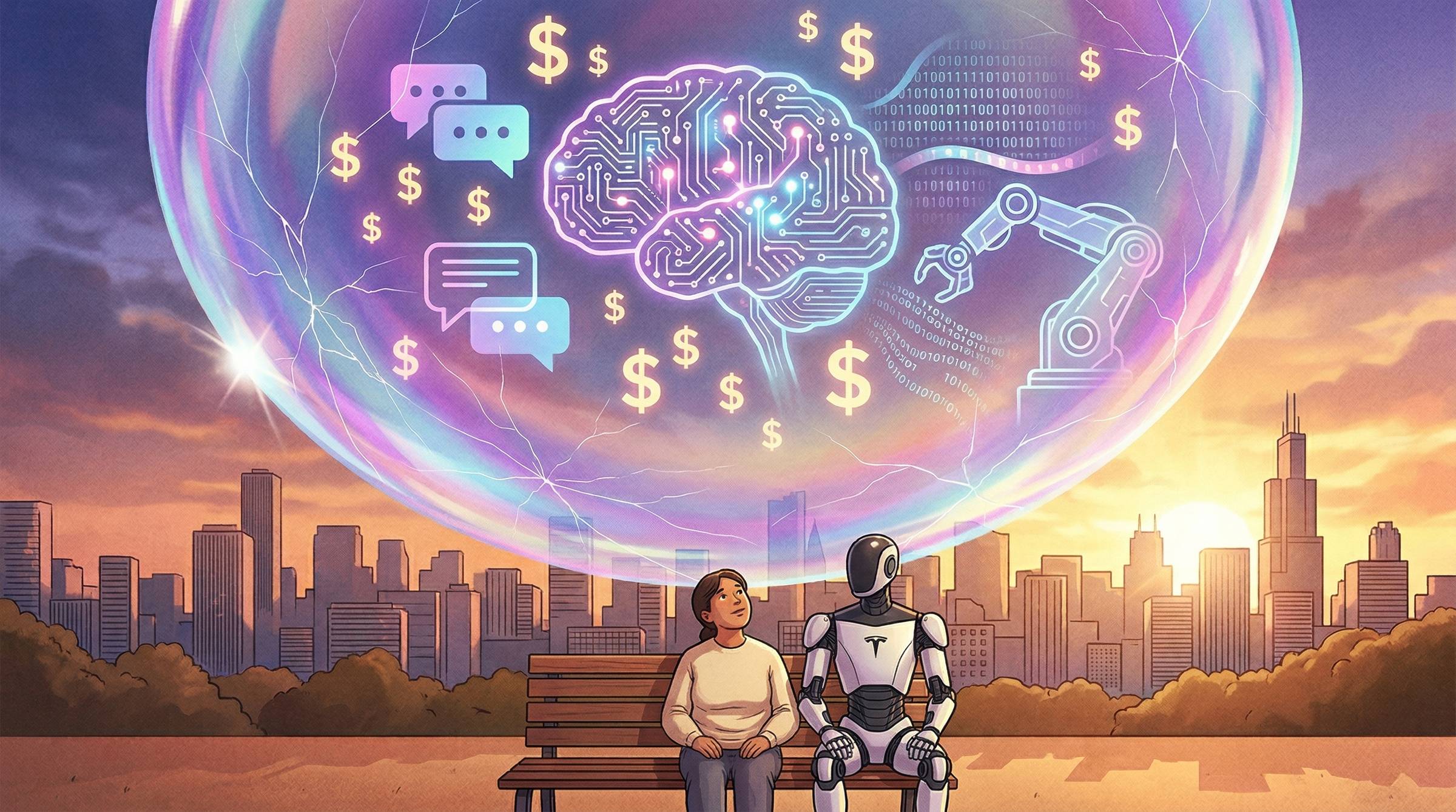 Persona sentada en una banca junto a un robot, mirando una burbuja gigante llena de símbolos de dólares y un cerebro de circuitos flotando sobre una ciudad al atardecer