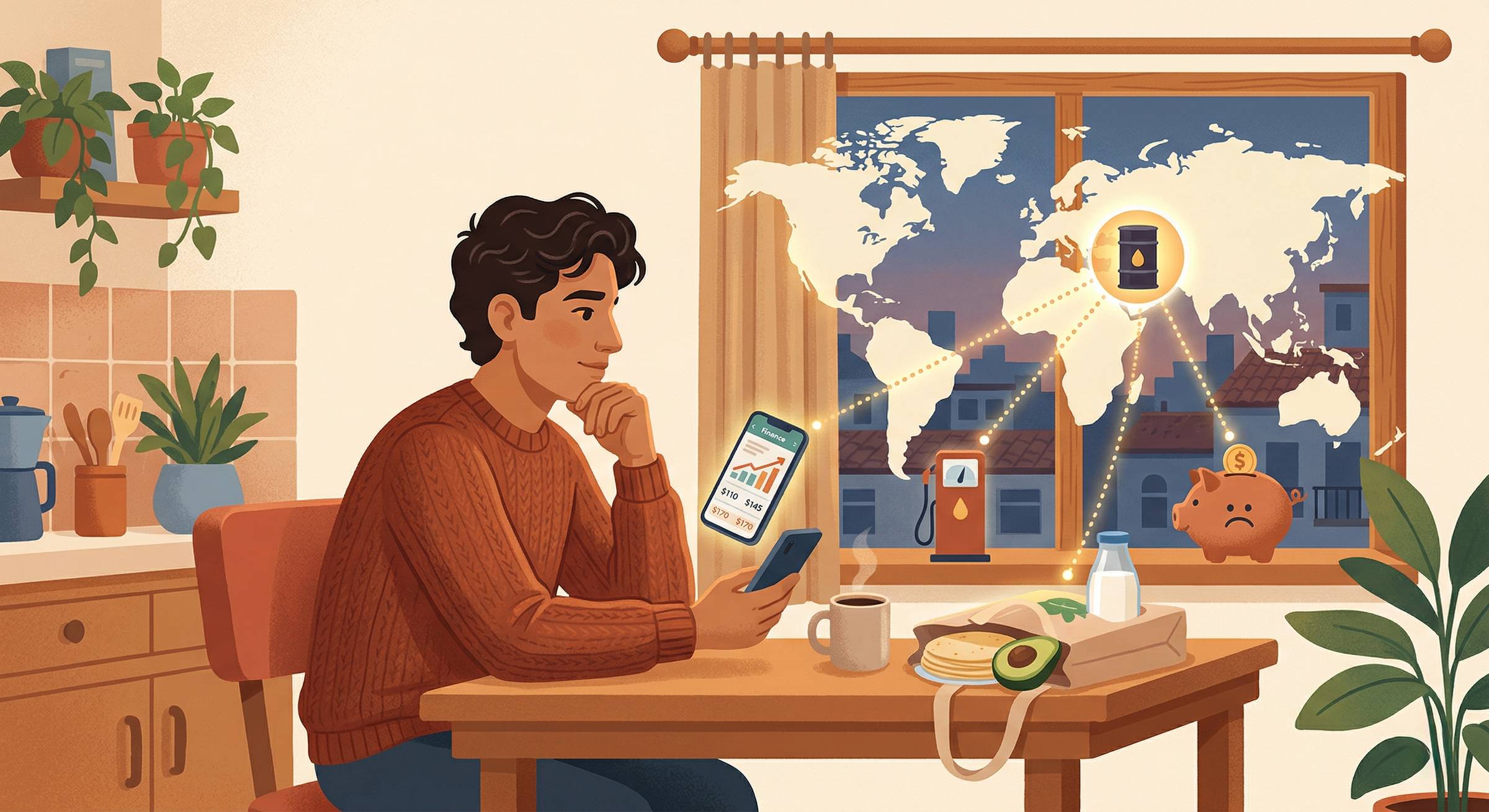 Persona revisando finanzas personales en su celular mientras observa el impacto de la inflación y el precio del petróleo en su economía doméstica.