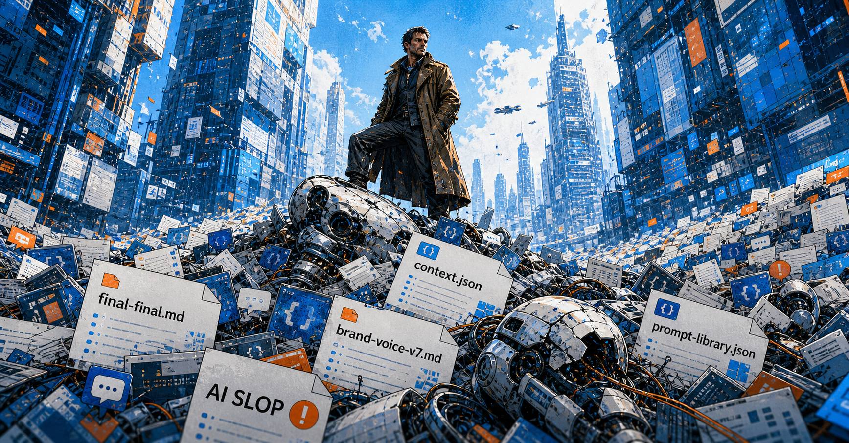 Digital kipple: a futuristic city buried in files and AI clutter