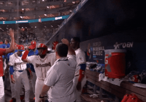 A GIF of the Dominican Republic team dancing in the dugout.