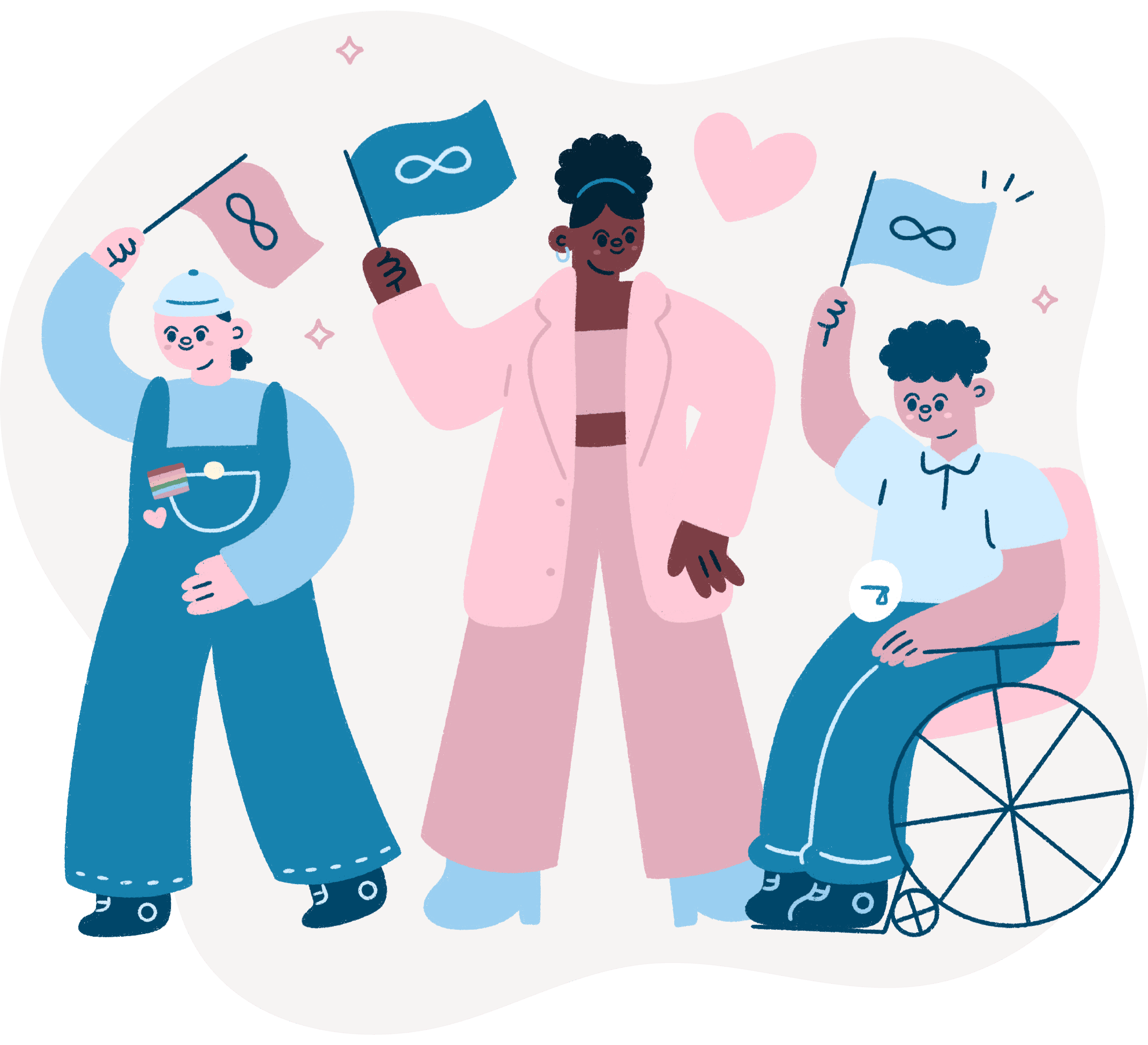 Illustration of Autistic people holding autism pride flags. 