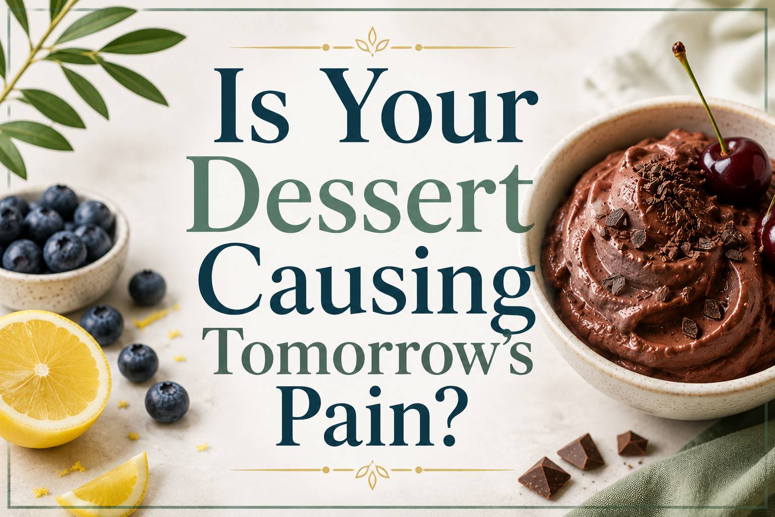 Is Your Dessert Causing Tomorrow's Pain? Newsletter thumbnail featuring the title centered on a light background with healthy desserts, fresh blueberries, lemon slices, and chocolate cherry nice cream, introducing an evidence-based look at sugar and rheum