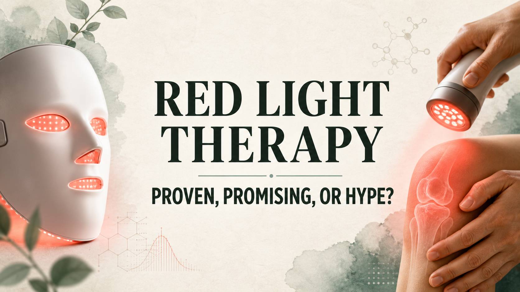 Red light therapy face mask and handheld device framing the title “Red Light Therapy: Proven, Promising, or Hype?” alongside an illuminated knee joint.