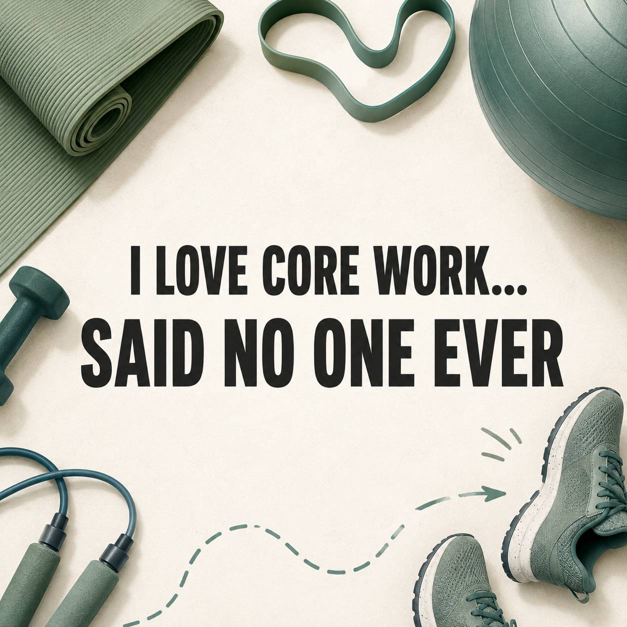 Workout equipment surrounds the title “I Love Core Work... Said No One Ever,” with sneakers appearing to escape.