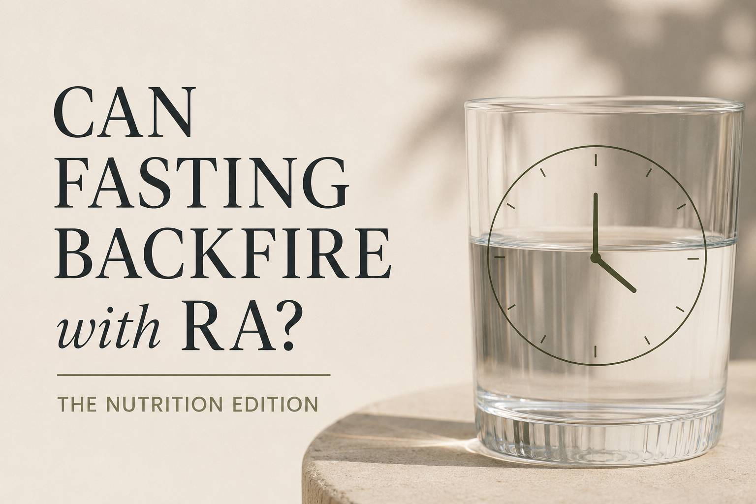 Minimalist editorial thumbnail for a rheumatoid arthritis nutrition newsletter featuring the text “Can Fasting Backfire with RA?” beside a glass of water with a subtle clock illustration, symbolizing intermittent fasting and meal timing. Soft neutral tone