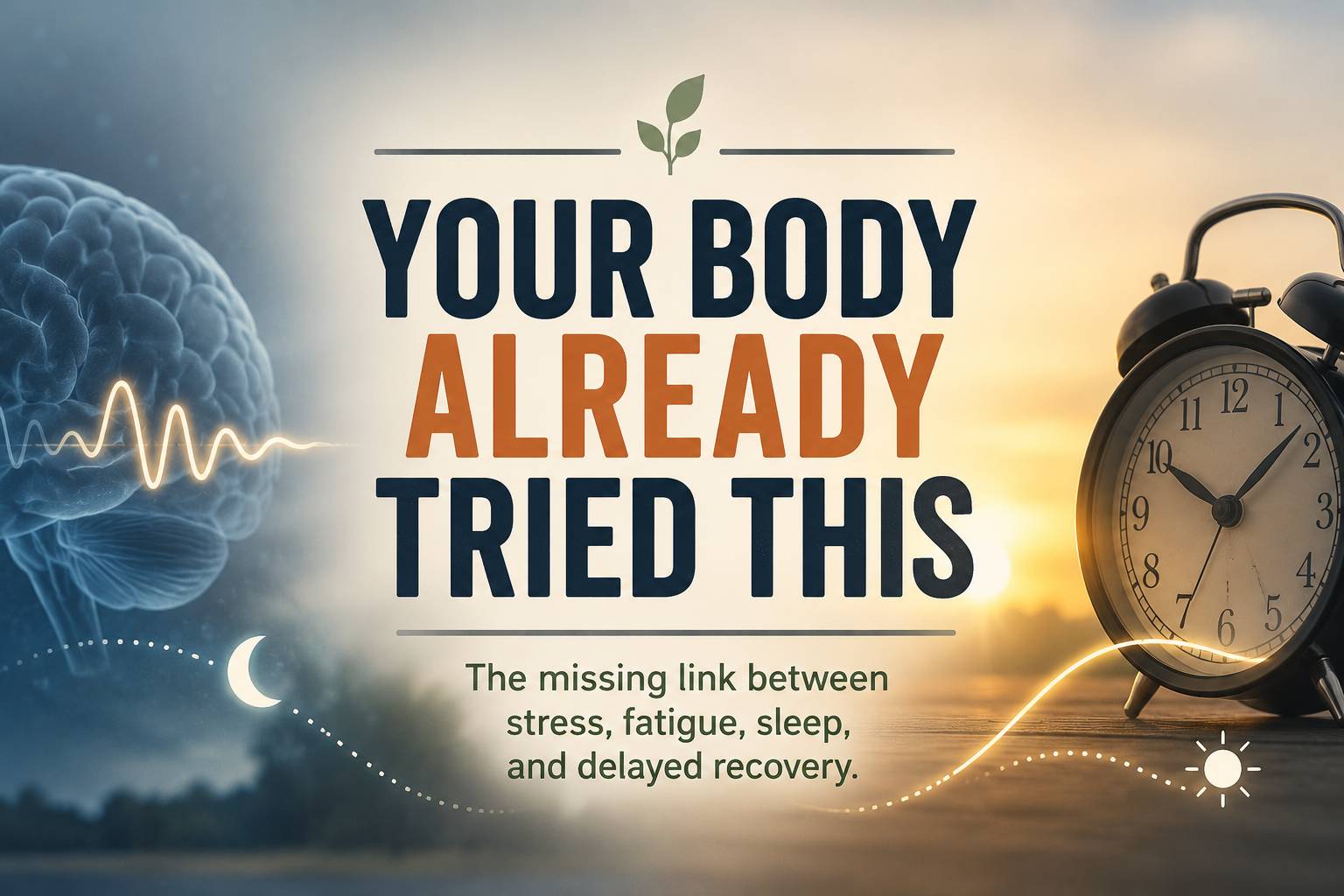 Illustration showing a disrupted cortisol rhythm with a brain on one side and an alarm clock on the other. The title reads "Your Body Already Tried This" with the subtitle "The missing link between stress, fatigue, sleep, and delayed recovery." The image 