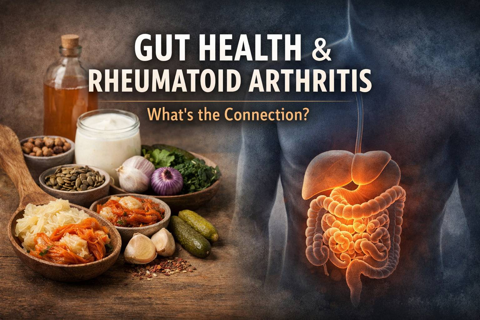 Fermented foods and gut illustration representing gut health and RA