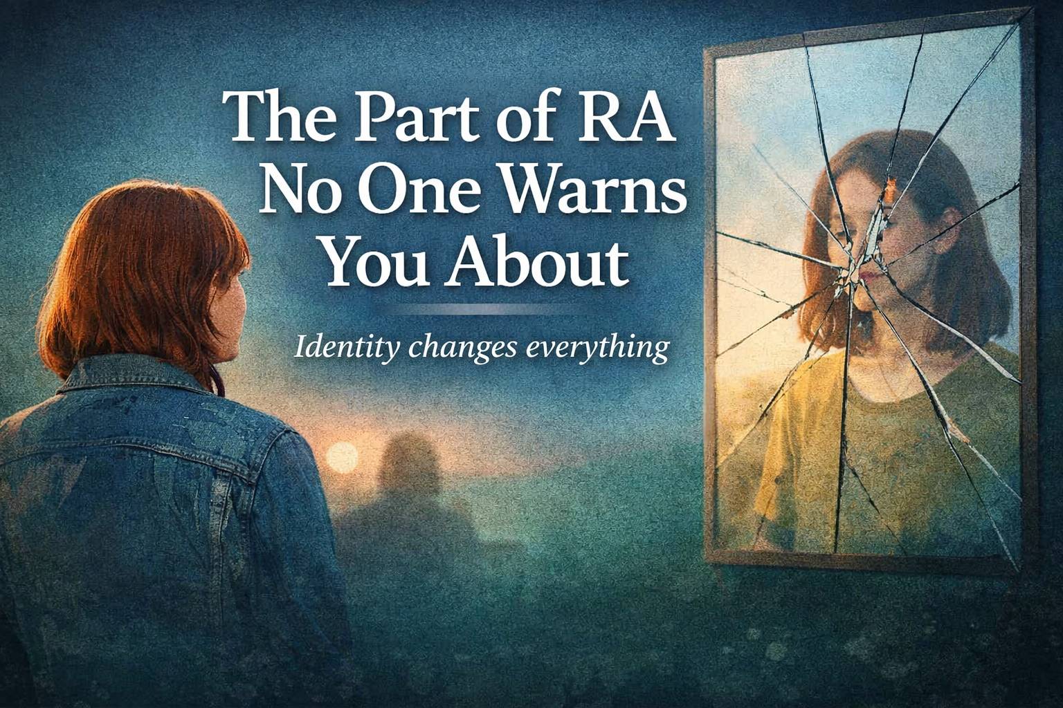 Woman looking at a cracked mirror symbolizing identity changes with rheumatoid arthritis, with text “The Part of RA No One Warns You About” and “Identity changes everything.”