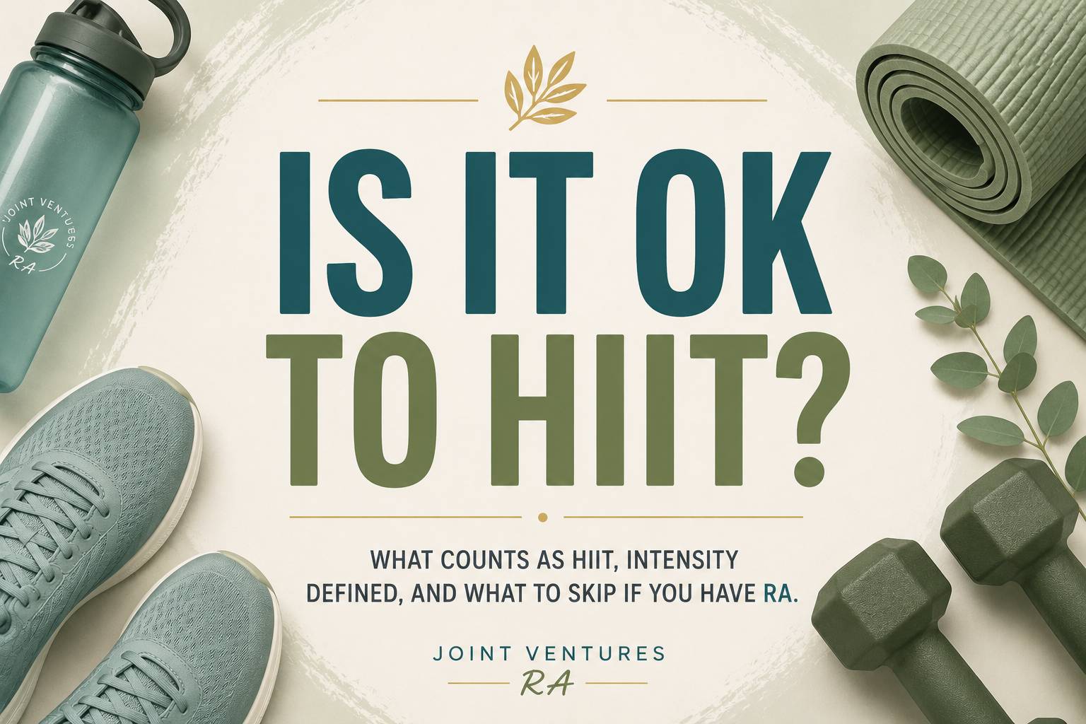 Illustration of fitness equipment including running shoes, dumbbells, a yoga mat, and a water bottle surrounding the title "Is It OK to HIIT?"