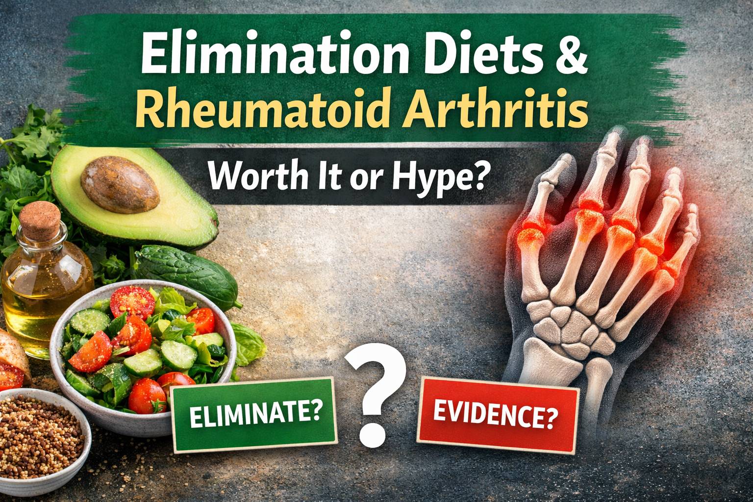 Mediterranean foods and an inflamed hand joint with the title “Elimination Diets & Rheumatoid Arthritis.”