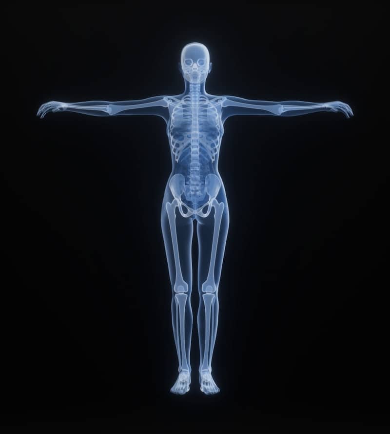 X-ray of a human skeleton against black background