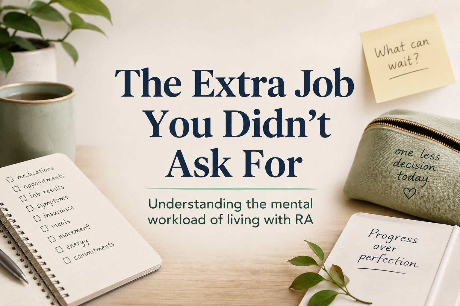 Editorial-style illustration of a planner, notebook, coffee, and health reminders surrounding the title "The Extra Job You Didn't Ask For," representing the invisible mental workload of living with rheumatoid arthritis.
