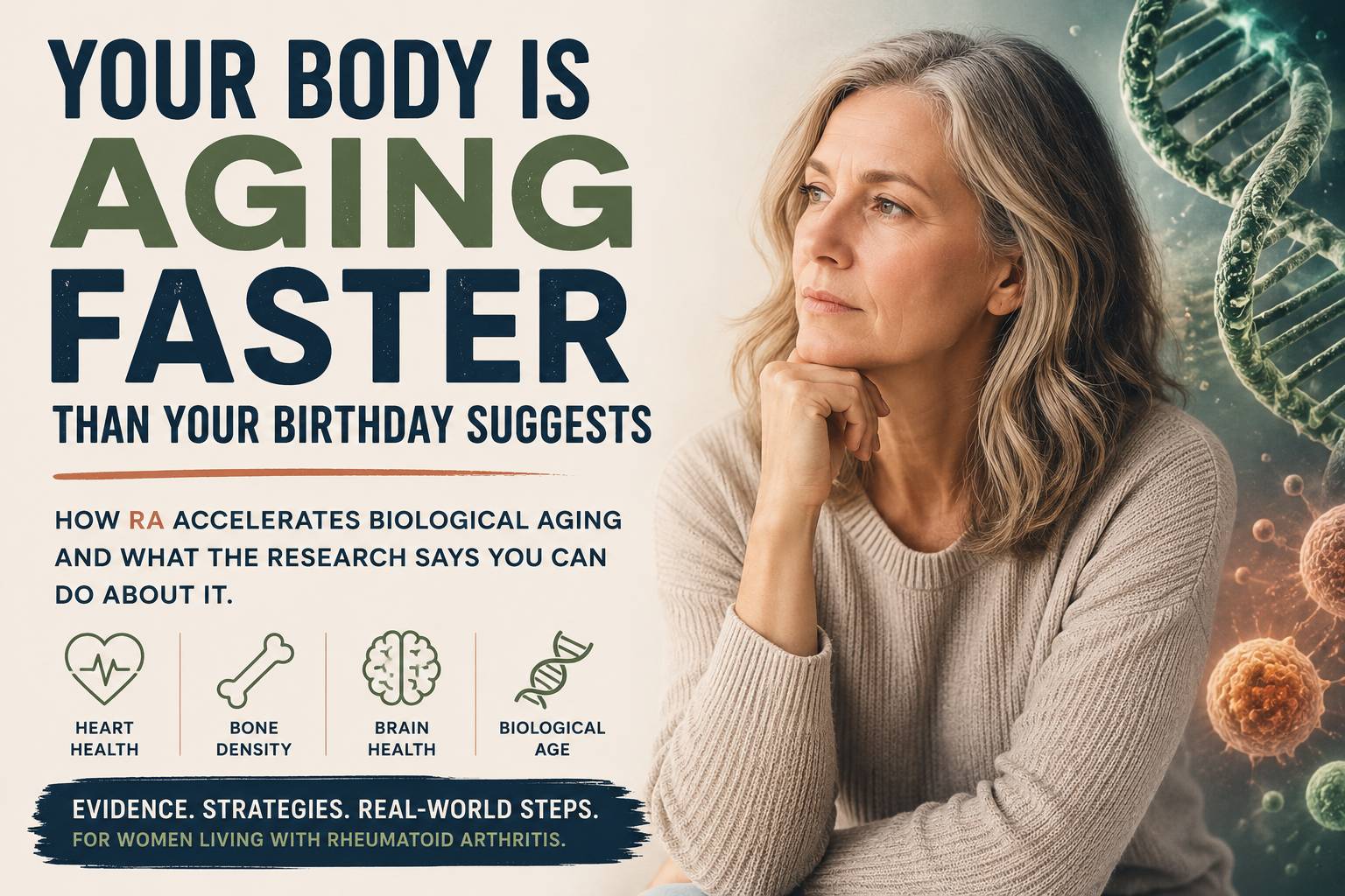 Woman with rheumatoid arthritis reflecting beside DNA imagery representing biological aging, inflammation, heart health, bone density, and brain health. Text reads: “Your Body Is Aging Faster Than Your Birthday Suggests.”