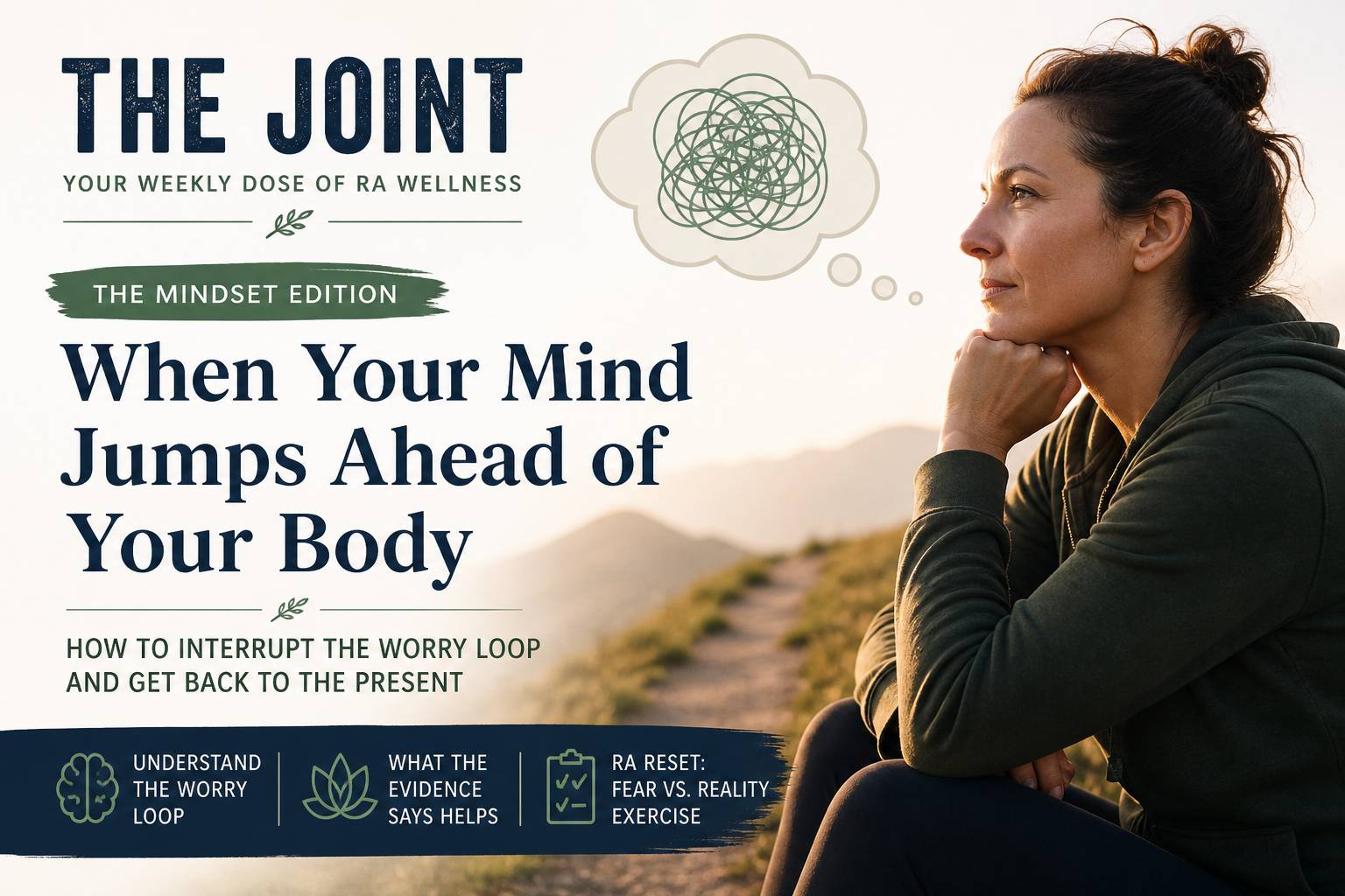 Woman sitting outdoors looking ahead thoughtfully, representing future-focused worry and reflection in rheumatoid arthritis