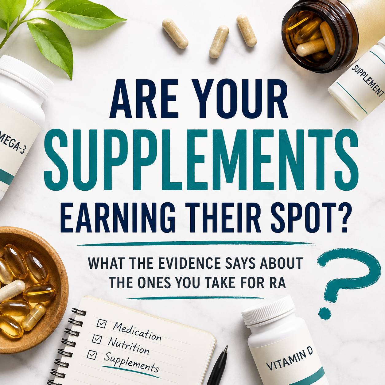 A flat lay of supplement bottles, capsules, and a notepad surrounding the title, "Are Your Supplements Earning Their Spot?" on a clean white background. The image introduces an evidence-based guide to evaluating common supplements for rheumatoid arthritis