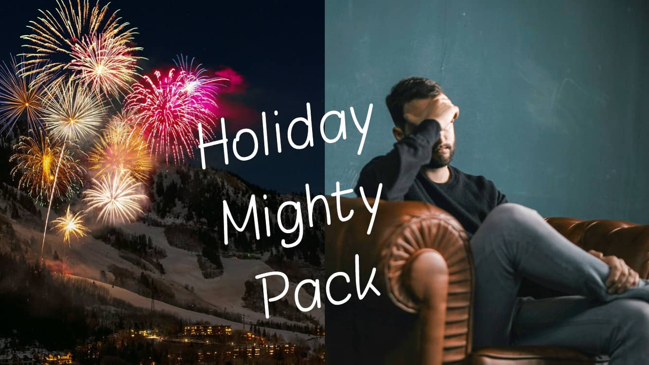 Two images, fireworks on the left, and on the right, a man slumped in a chair with his head in his hand.