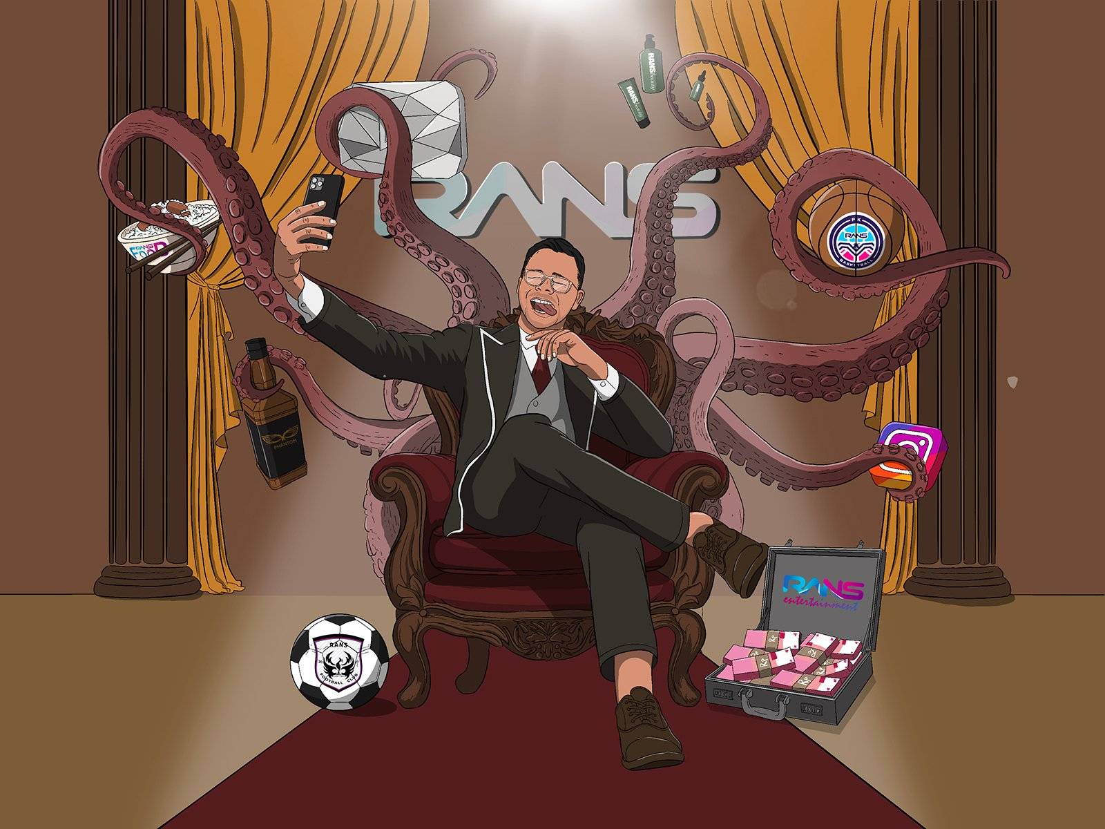 Ilustrasi seorang pria mengenakan setelan jas, rompi, celana, dan dasi formal duduk di atas sofa serupa singgasana. Dia mengenakan kacamata dengan bingkai bening dan berpose ke arah kamera seakan sedang mengambil swafoto. Di bawah sofa terdapat sebuah bola sepak dan koper berisi uang. Di belakang sofa terdapat tentakel gurita yang memegang barang-barang berbagai jenis mulai dari botol minuman, bakmi, hingga produk kecantikan. Terdapat logo bertuliskan RANS di dinding belakang sofa.