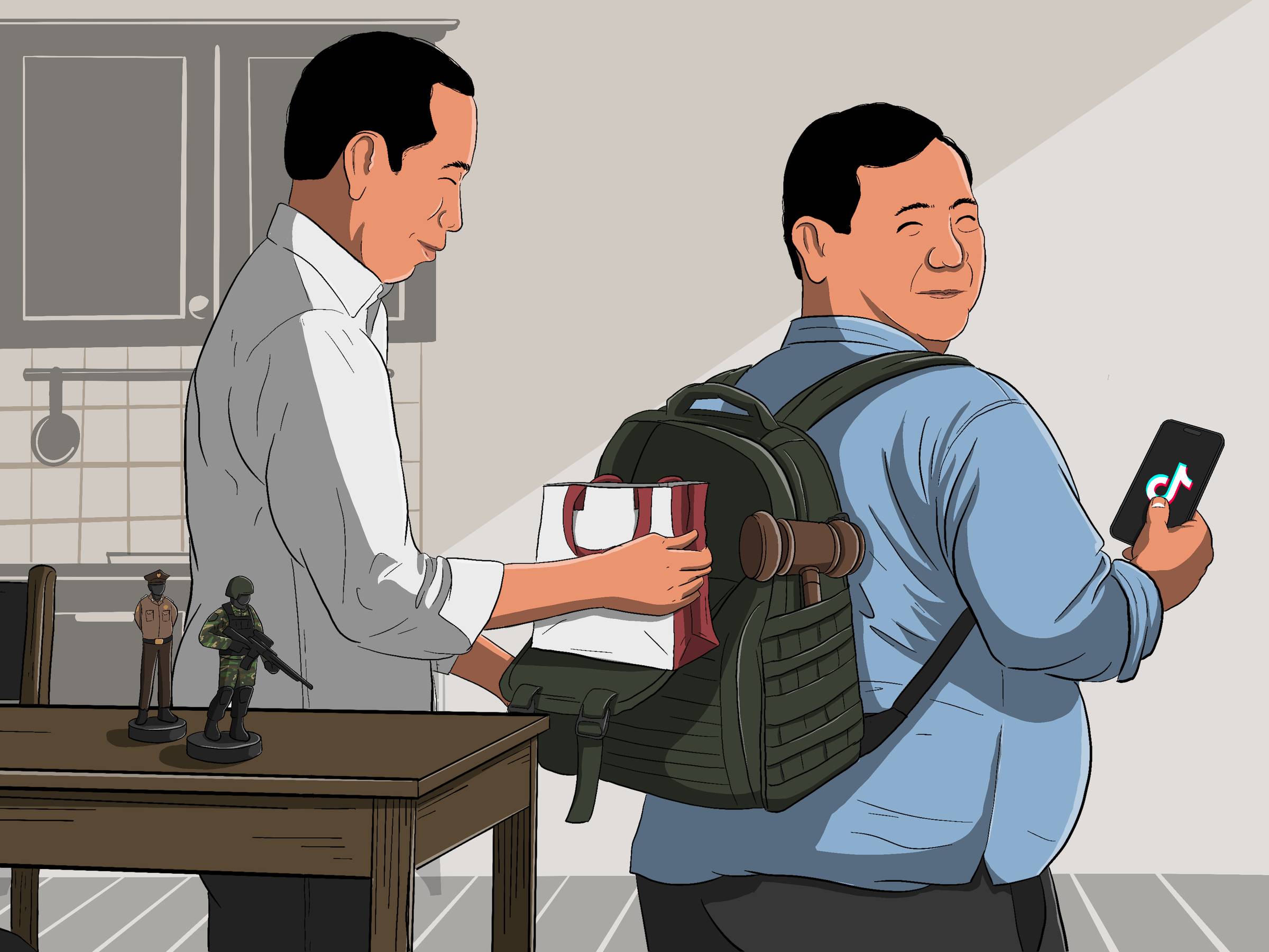 ilustrasi jokowi memasukkan kantong bekal ke ransel prabowo yang sedang memegang ponsel dengan aplikasi tiktok. ada palu di saku samping ransel prabowo. ada figurin polisi dan tentara di atas meja, di depan jokowi.