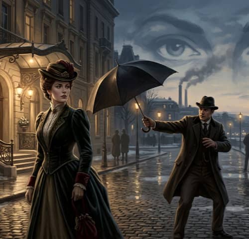 Illustratie in Edwardiaanse sfeer: een adellijke vrouw loopt weg bij een chic hotel, terwijl een man met paraplu een camera afschermt; schaduwen van pers en starende ogen suggereren beïnvloeding — Hypnose of koninklijke waanzin.