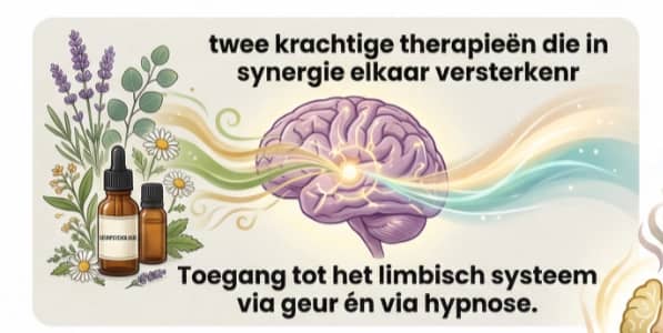 Hypnotherapeut en cliënt in een rustige praktijkruimte, verbonden met een abstract onderzoeks­paneel met brein?icoon en grafieken, als visualisatie van praktijkgerichte én onderzoeksgestuurde hypnose bij HypnoseMentor (OMNI Science Project)