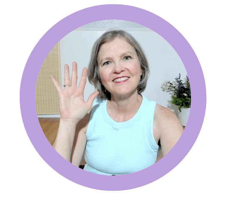 Photo of Susan smiling and waving in a purple circle