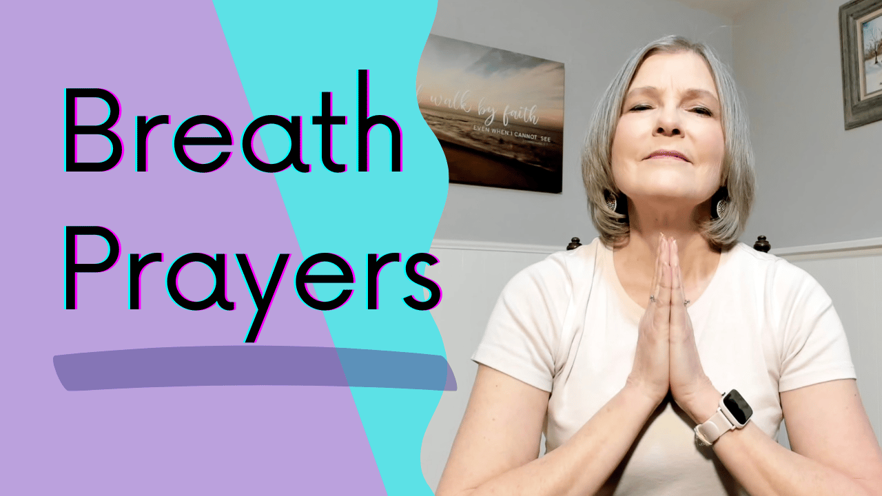 Susan with closed eyes and praying hands and the title "Breath Prayers"