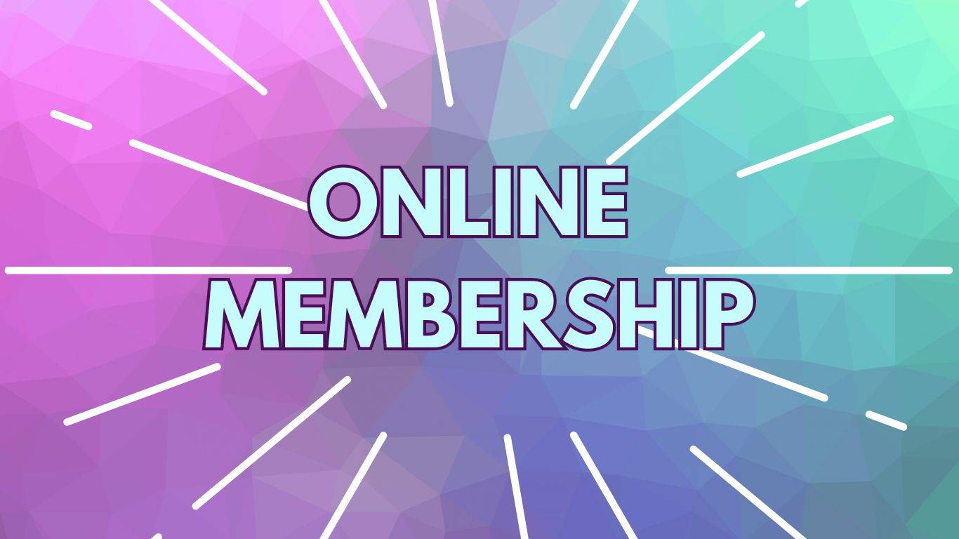 Jewel toned background (pink, purple, blue & teal) with white lines radiating out from the center and the words "Online Membership"