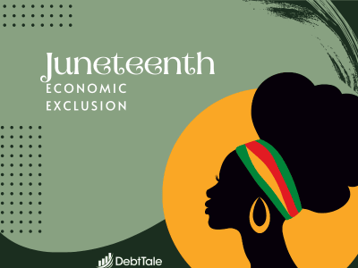 Text says "Juneteenth Economic Exclusion" with a silhouette of a black woman wearing a headband in green, red and yellow, with a single gold earring. 
