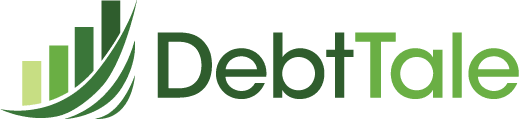 Debt Tale Logo of an ascending bar graph with three  waves moving up from left to right in various shades of green from light to dark. 