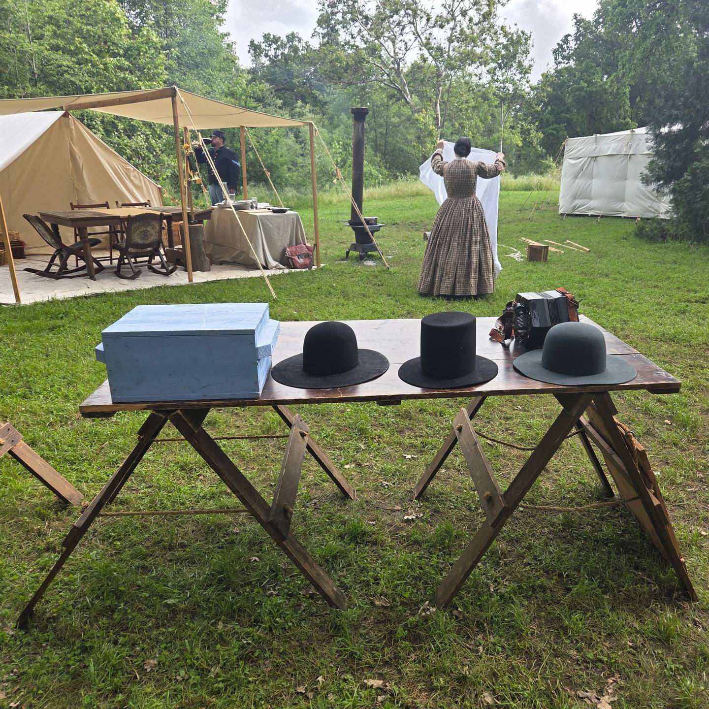 It was a great weekend at the Red Bluff Civil War Days. We had a little bit of rain, but that's no matter for a quality fur felt. The WIP top hat got quite a bit of attention, and I took measurements for several Union Army officers who were interested in new dress hats.