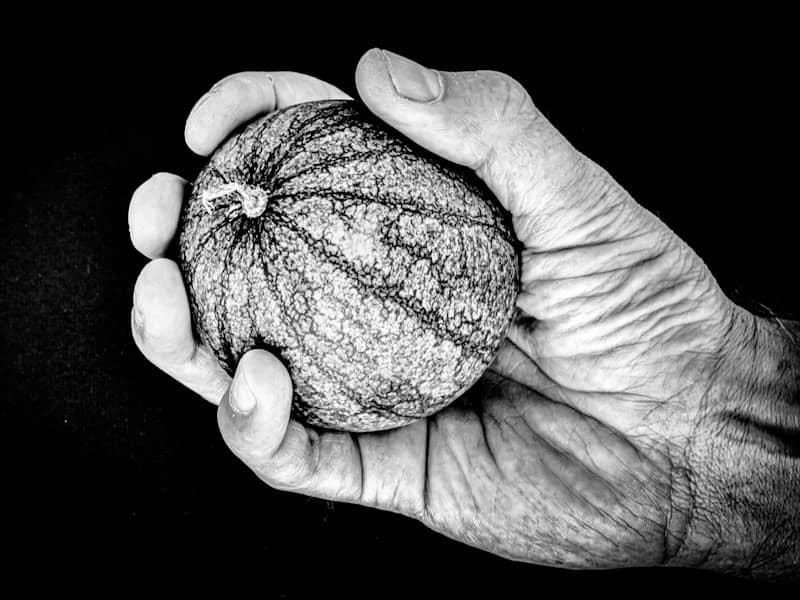A hand holds a small, patterned melon.