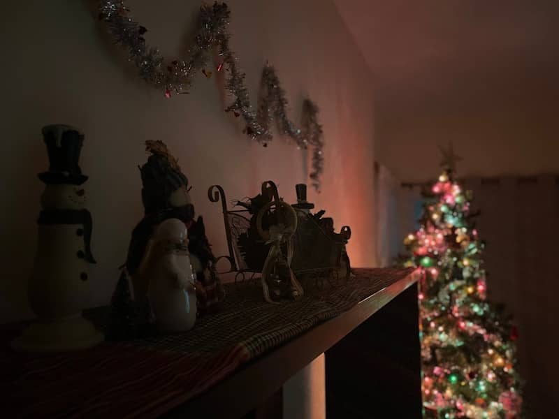 Christmas tree and decorations on a shelf.