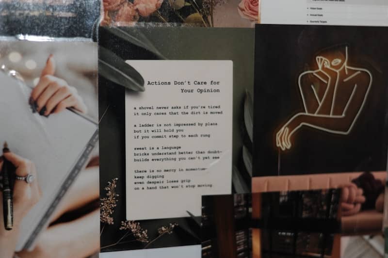 A collage featuring writing, text, and a neon figure.