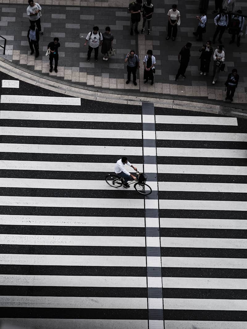 Cyclist crosses a busy street on a crosswalk.