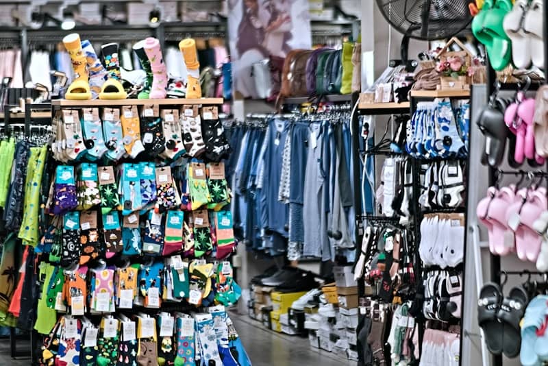 The image shows a busy, colorful clothing store.
