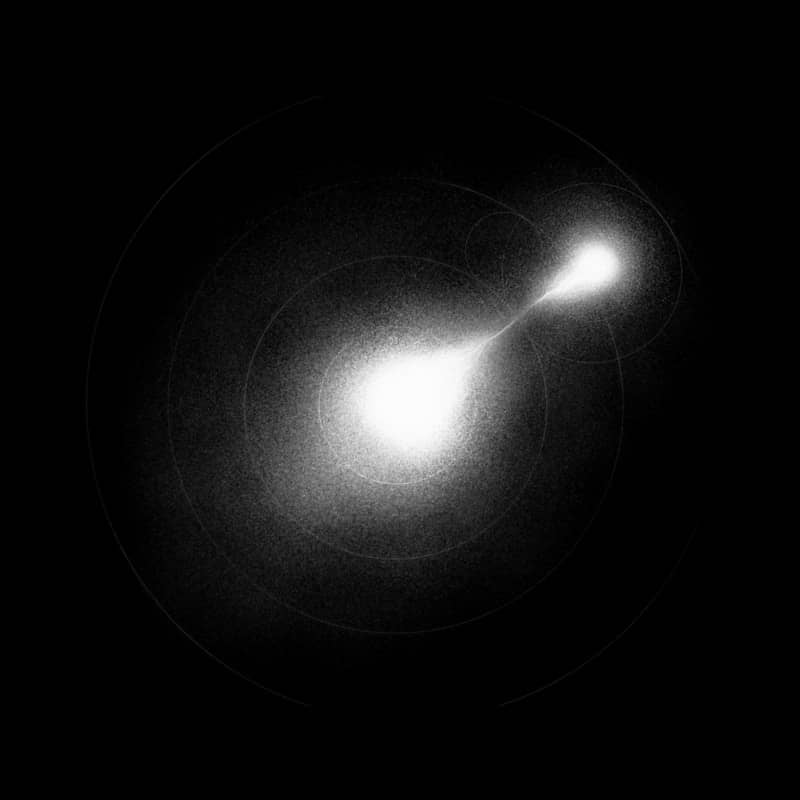 Two bright cosmic objects are connected in darkness.