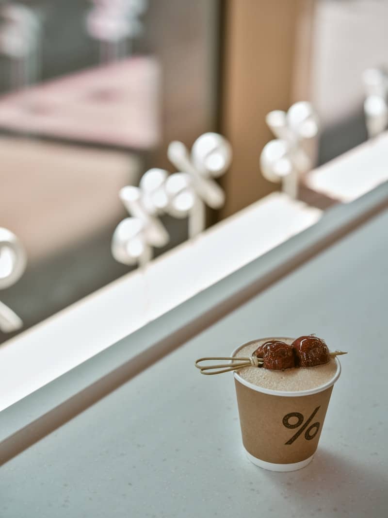 Coffee with toppings on a table