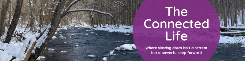 River with snow covered trees on each side of the river bank. There is a purple circle on the right side with white text that reads The Connected LIfe. Where slowing down isn't a retreat but a powerful step forward. 