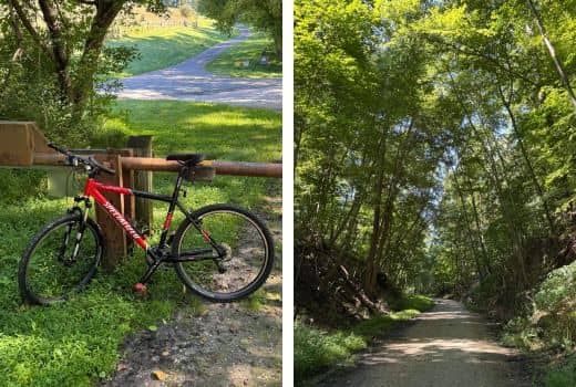 Left image is red mountain bike leaning up against a gate. Right image is gravel trail lined with trees. 