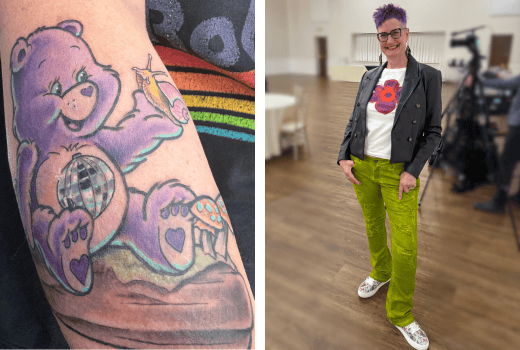 Close up tattoo of purple Care Bear sitting on a log holding a snail on left and Chris wearing bright green jeans, sparkle tennis shoes, black jacket and purple hair on right. 